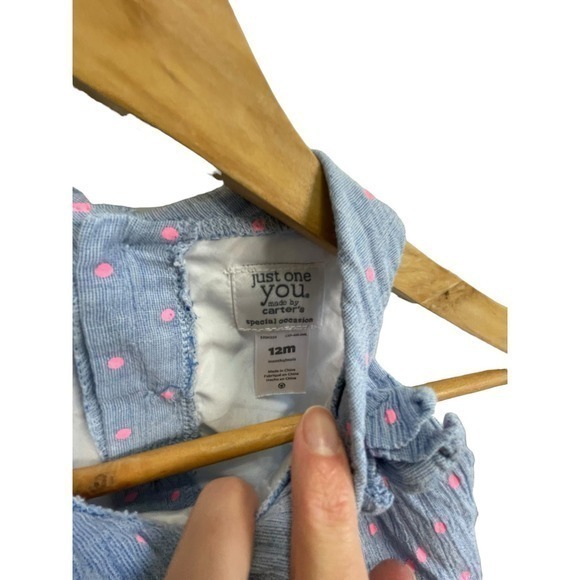 Carter's 12 Month Light Blue Denim & Hot Pink Poka Dot Dress w/‎ Bow & High Neck - Picture 3 of 10